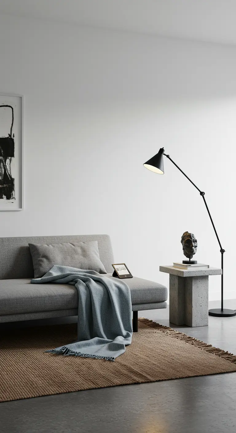 Canapé gris minimaliste, plaid bleu clair, table béton, lampe noire articulée, tapis jute.