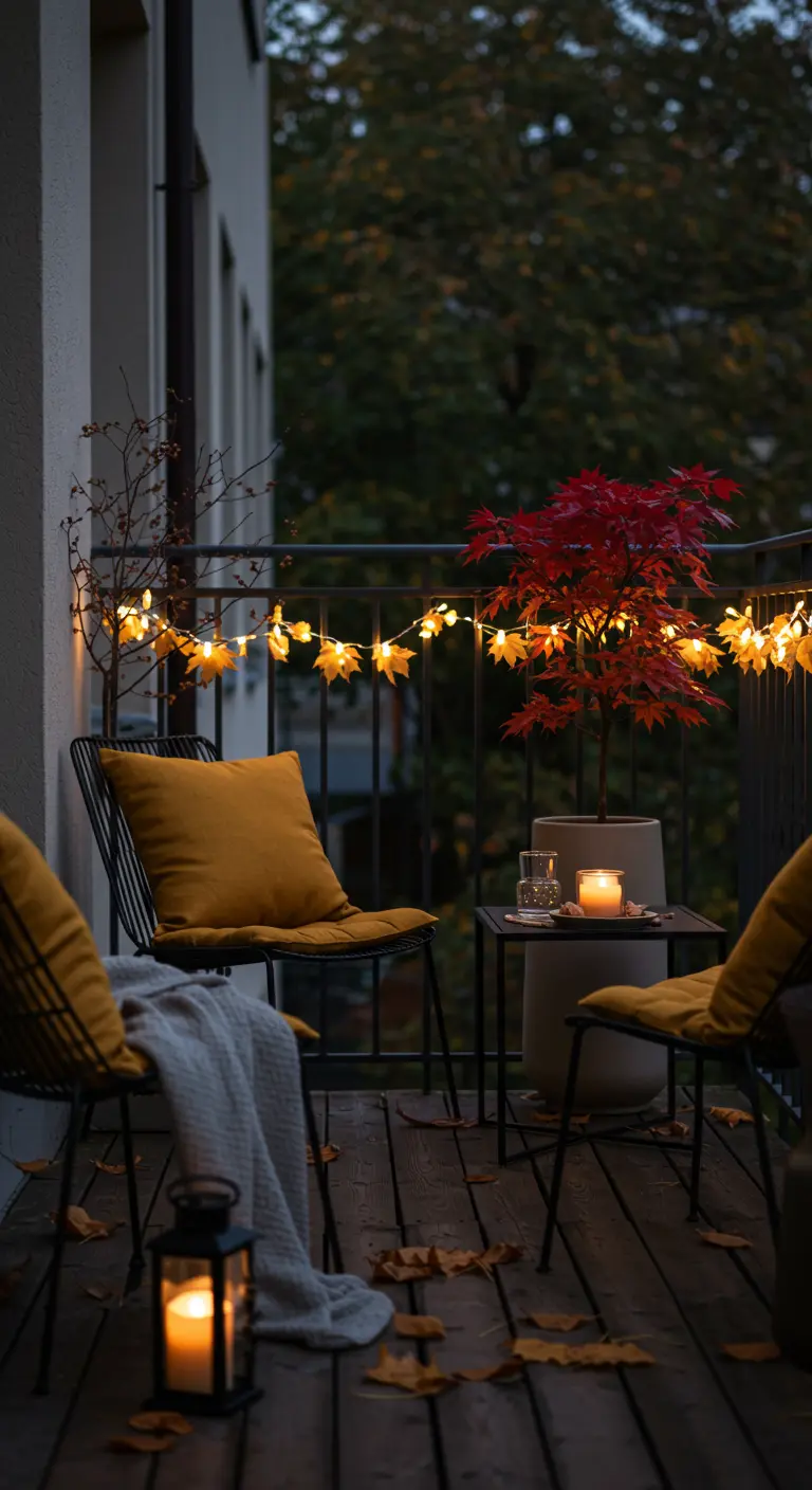 Balcon minimaliste avec érable japonais rouge, guirlandes lumineuses, coussins jaunes et lanterne.
