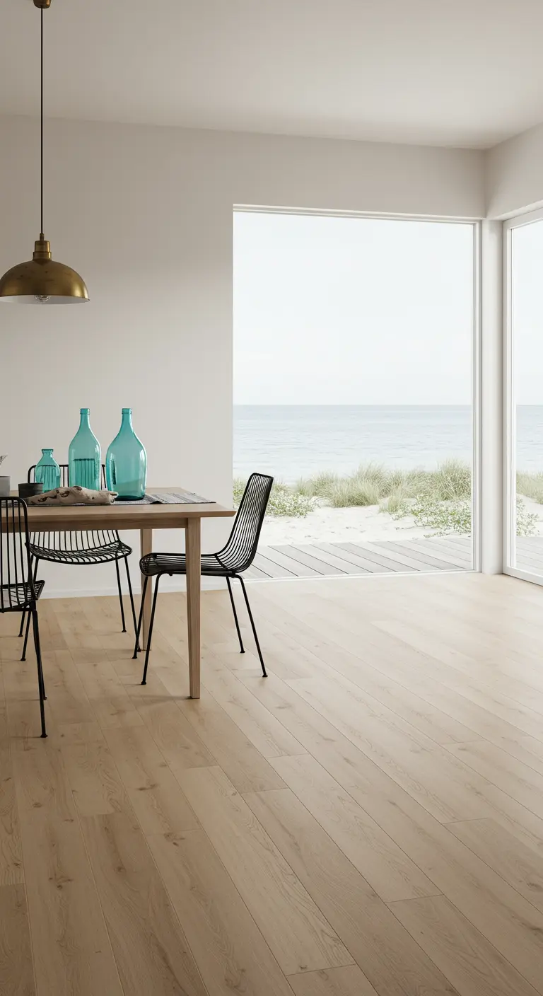 Table à manger minimaliste avec des bouteilles en verre bleu-vert et vue sur la mer.
