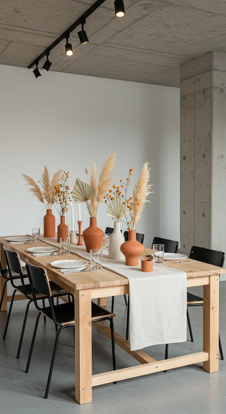 Table en bois clair avec chemin de table blanc, vases en terre cuite, pampas, feuilles de palmier séchées et bougies.