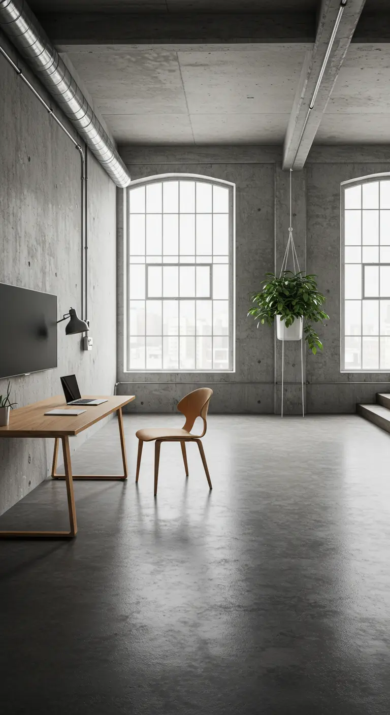 Bureau en bois dans un espace industriel en béton avec une plante.