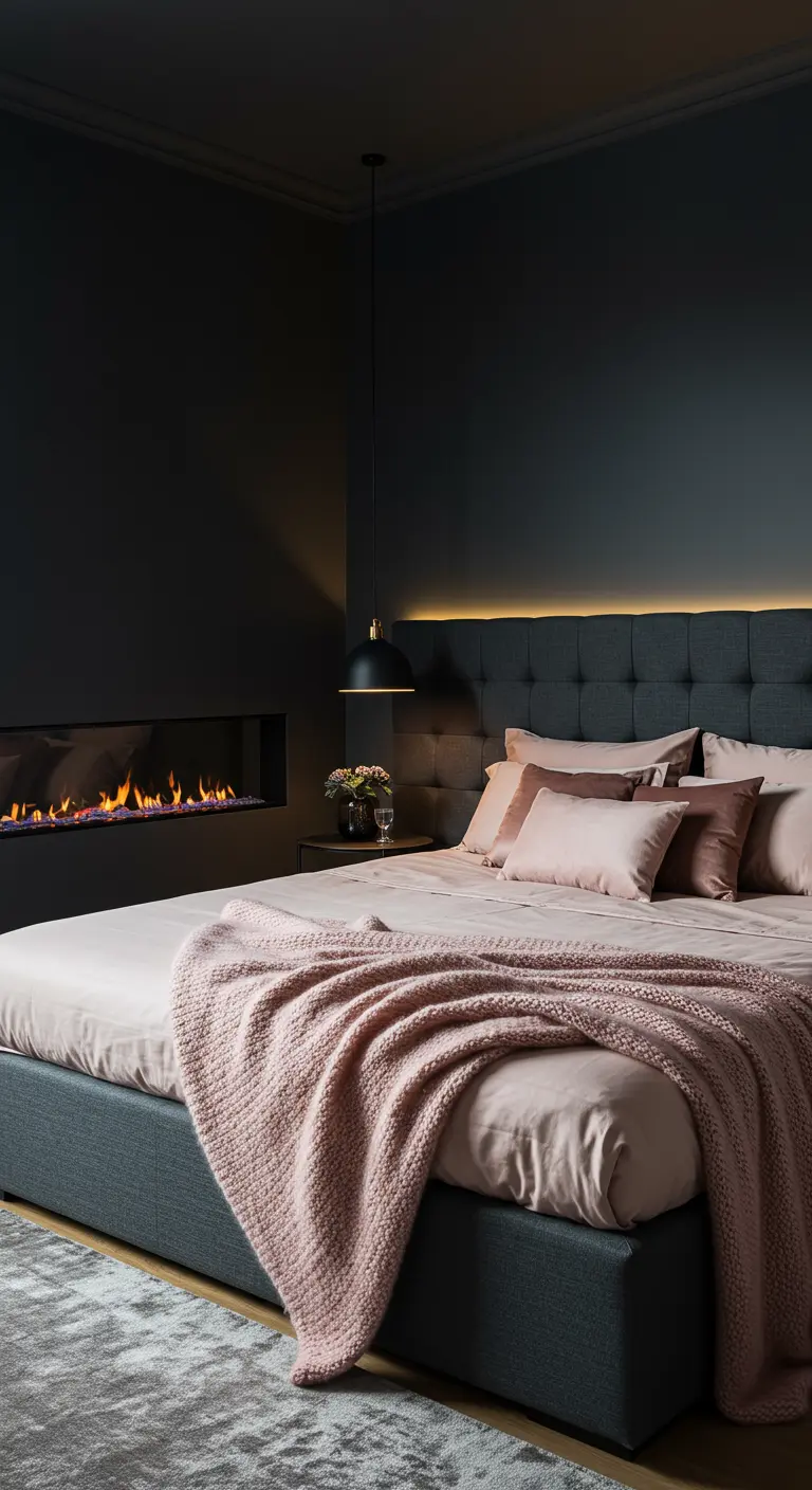 Chambre moderne aux murs sombres, cheminée design et touches de rose poudré.