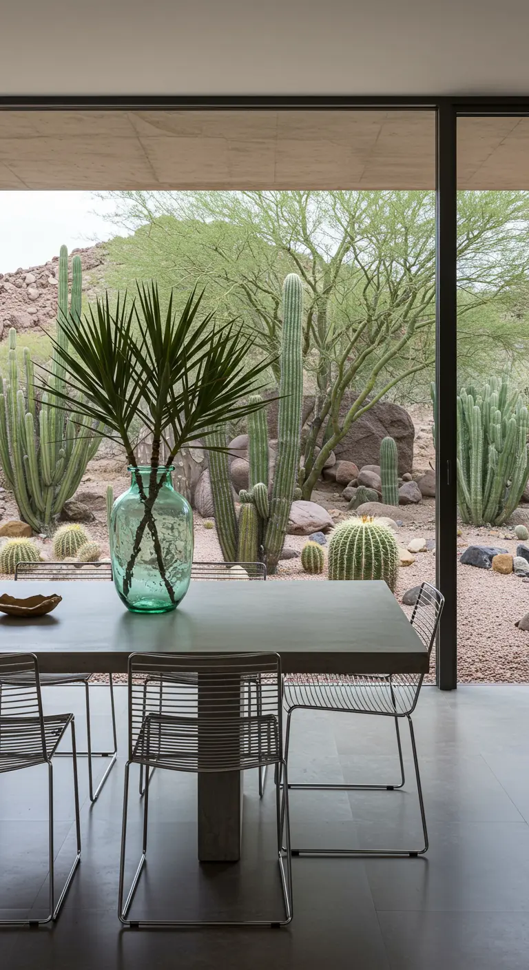 Grandes feuilles de yucca dans un vase en verre sur une table minimaliste avec vue sur le désert.