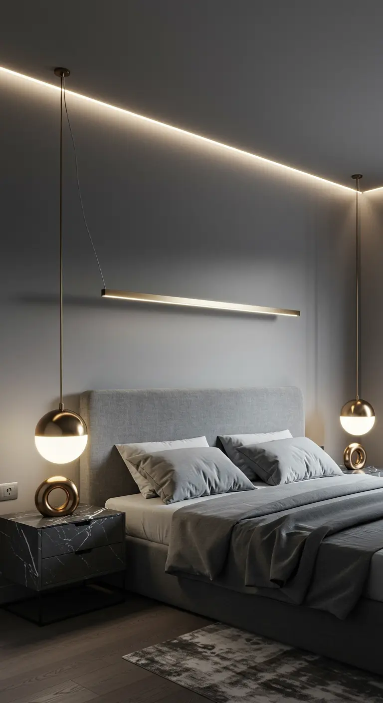 Chambre moderne et élégante avec lit gris, suspension linéaire au-dessus du lit et deux suspensions sphériques dorées.