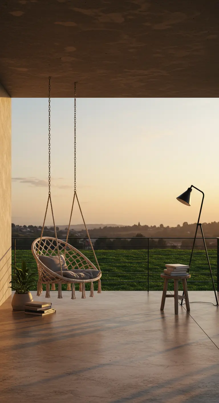 Fauteuil suspendu en macramé sur un balcon moderne en béton.