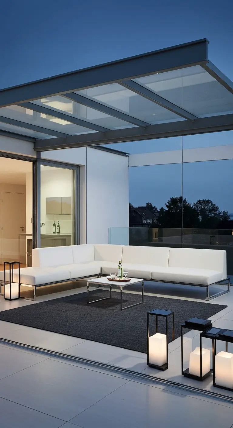Canapé modulaire blanc et bas sur une terrasse moderne avec des lanternes noires géométriques.