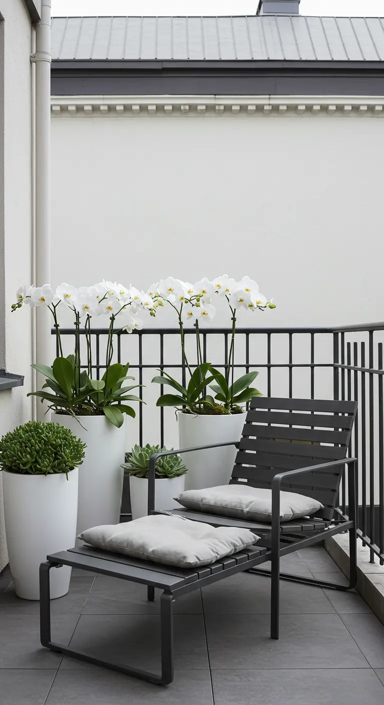 Balcon minimaliste avec mobilier gris, grands pots blancs d'orchidées et succulentes.