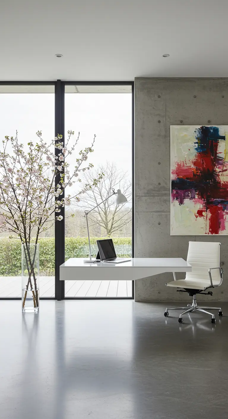 Bureau flottant blanc et chaise design devant une baie vitrée, avec un vase de fleurs de cerisier.