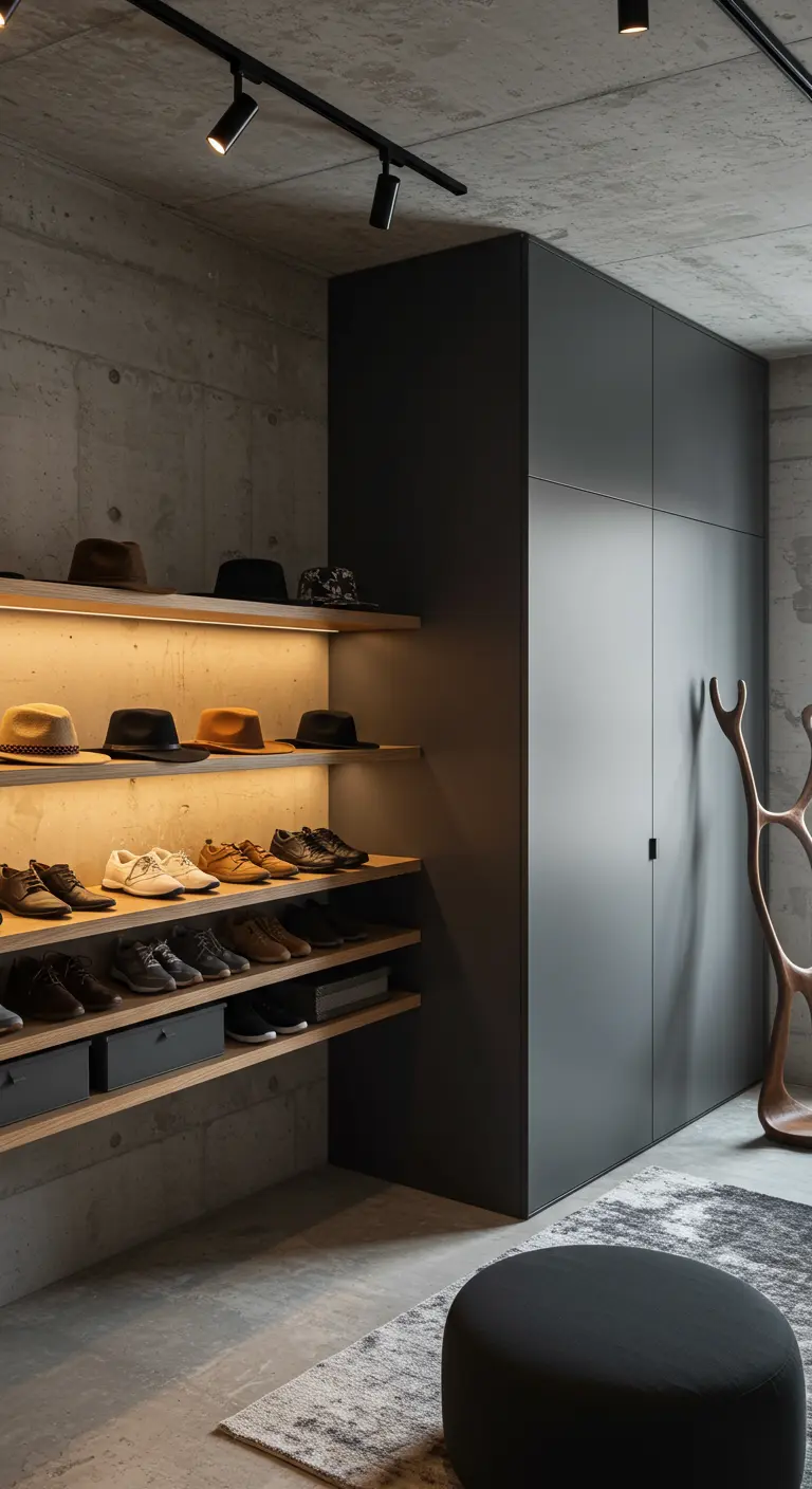 Dressing industriel avec murs en béton, armoires grises, étagères bois et spots lumineux.