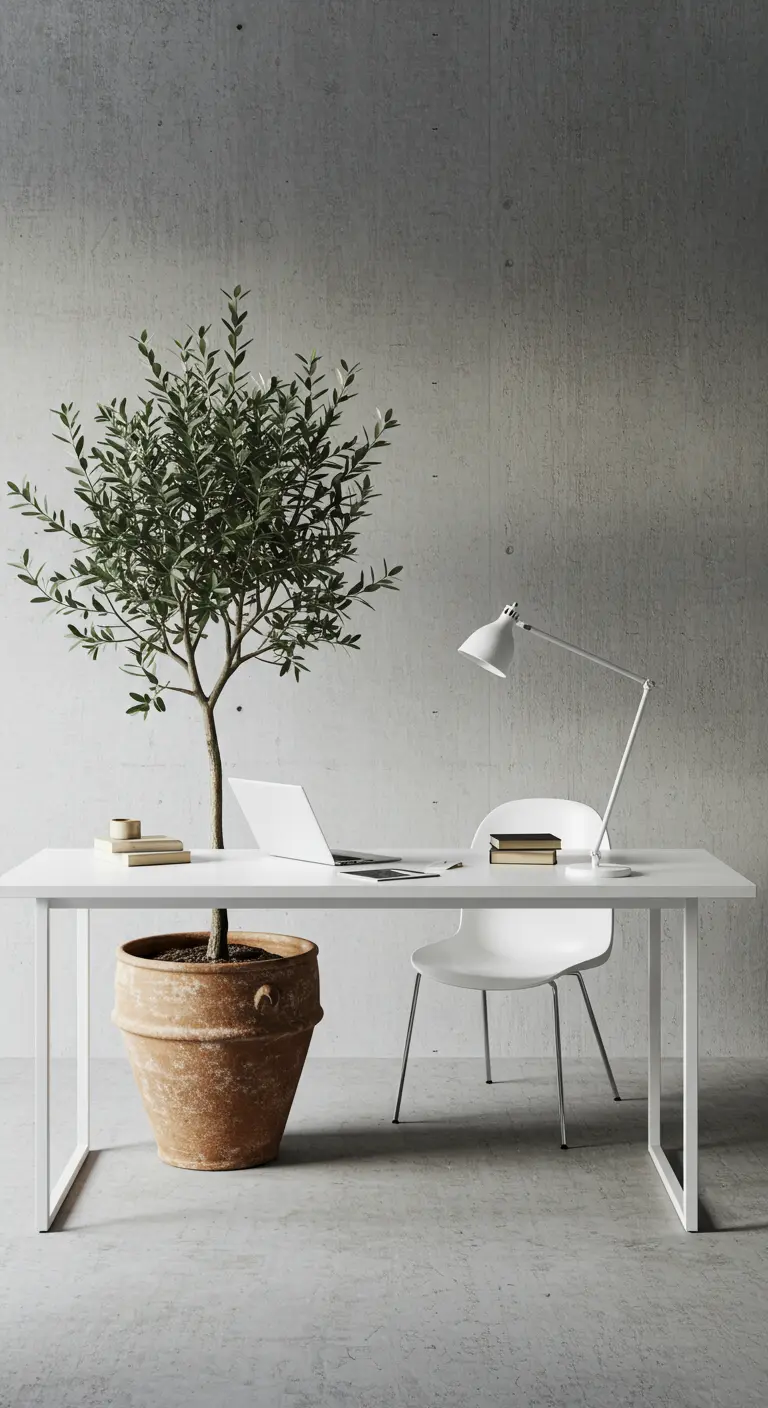Bureau blanc minimaliste devant un mur en béton, avec un grand olivier en pot de terre cuite.