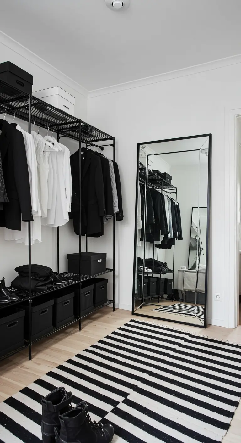 Dressing minimaliste industriel noir et blanc avec étagères métalliques et miroir sur pied.