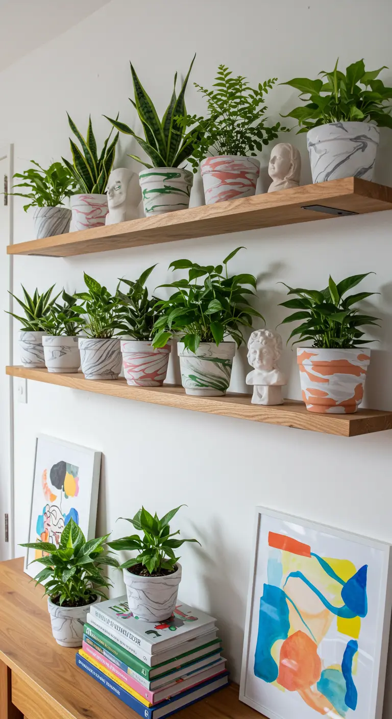 Étagères en bois avec des pots marbrés blancs et pastel, garnis de petites plantes vertes.
