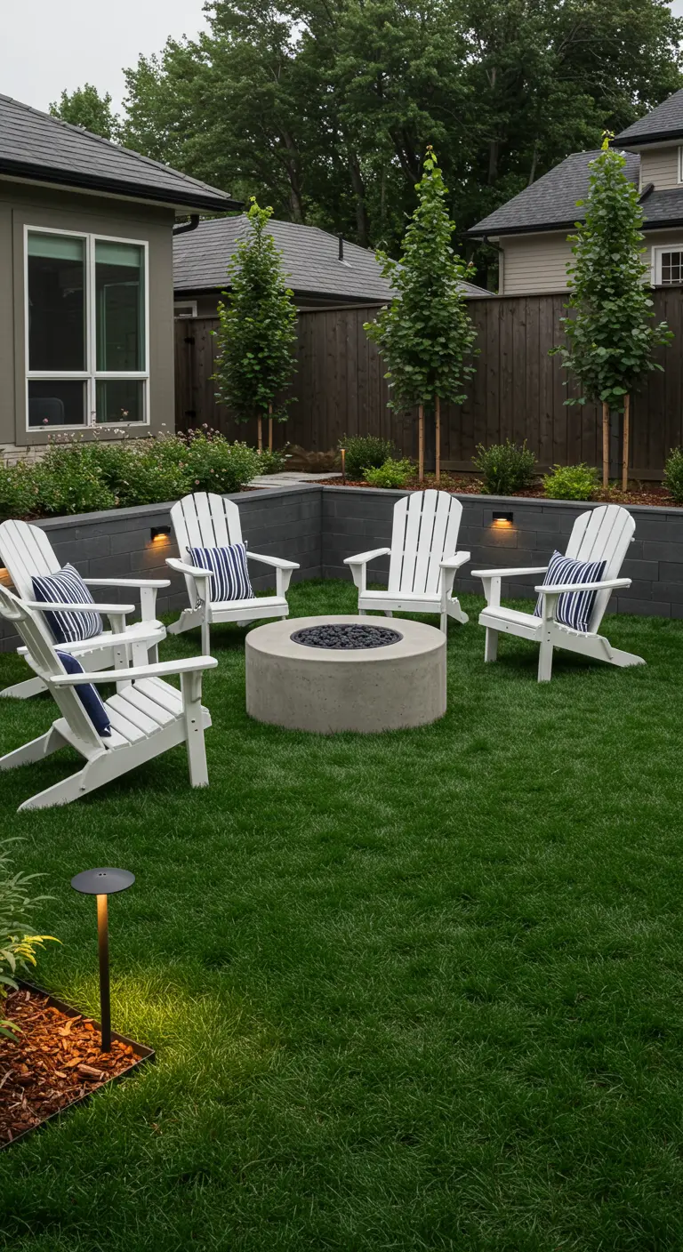 Jardin moderne avec brasero en béton, fauteuils Adirondack blancs et coussins rayés sur pelouse