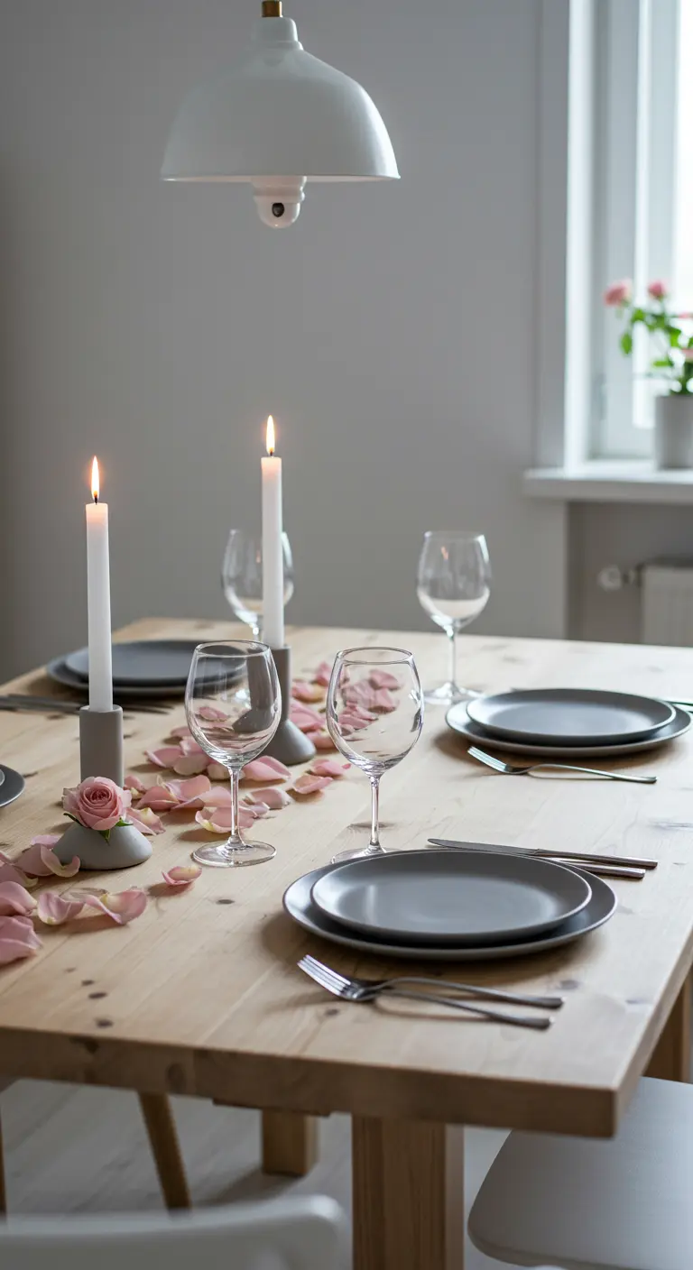 Table en bois de style scandinave avec vaisselle grise, bougies blanches et pétales de roses.