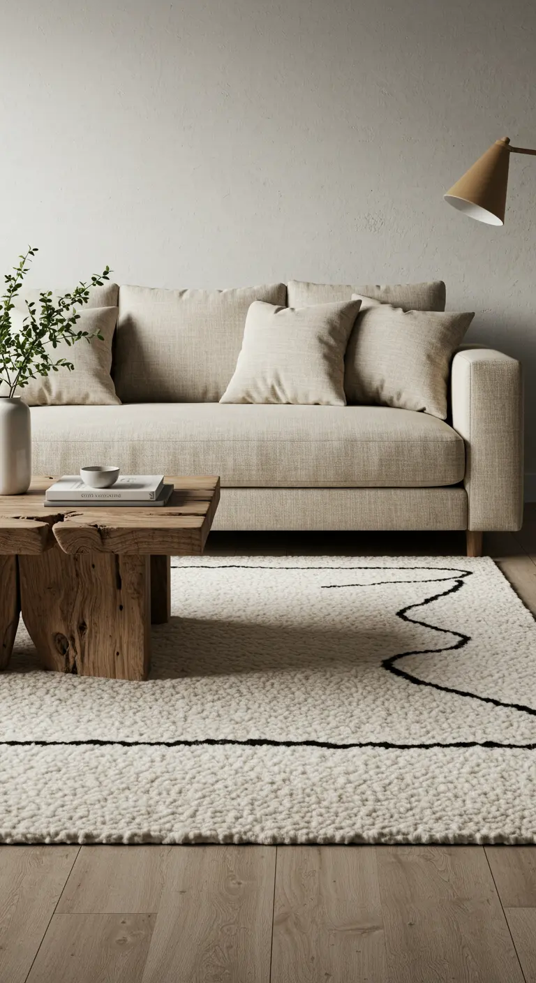 Salon minimaliste avec canapé en lin, table basse en bois brut et tapis shaggy blanc à ligne noire.