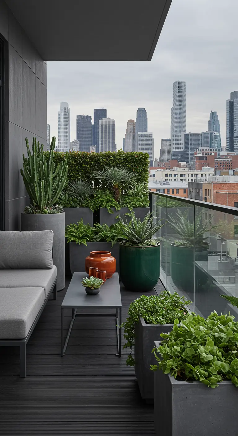 Balcon urbain avec vue sur la ville, pots gris, terracotta et vert foncé garnis de plantes grasses et fougères.
