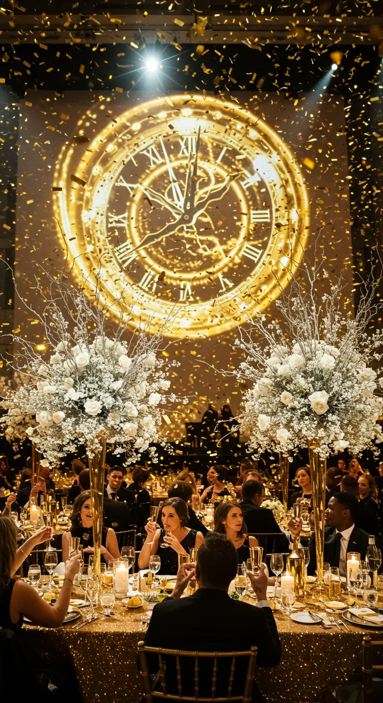 Invités célébrant le Nouvel An sous une pluie de confettis, avec une horloge géante projetée.