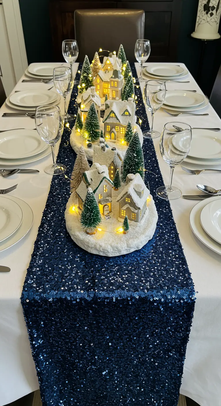 Chemin de table bleu à paillettes avec un village de Noël illuminé.
