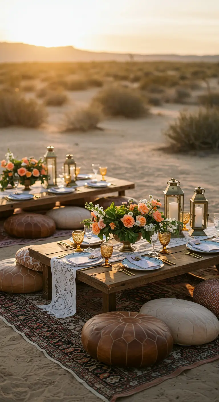 Pique-nique de mariage bohème dans le désert avec des tables basses et des poufs.