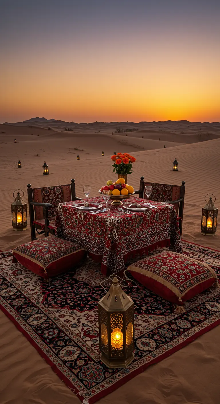 Dîner romantique dans le désert au coucher du soleil, avec tapis, coussins et lanternes.