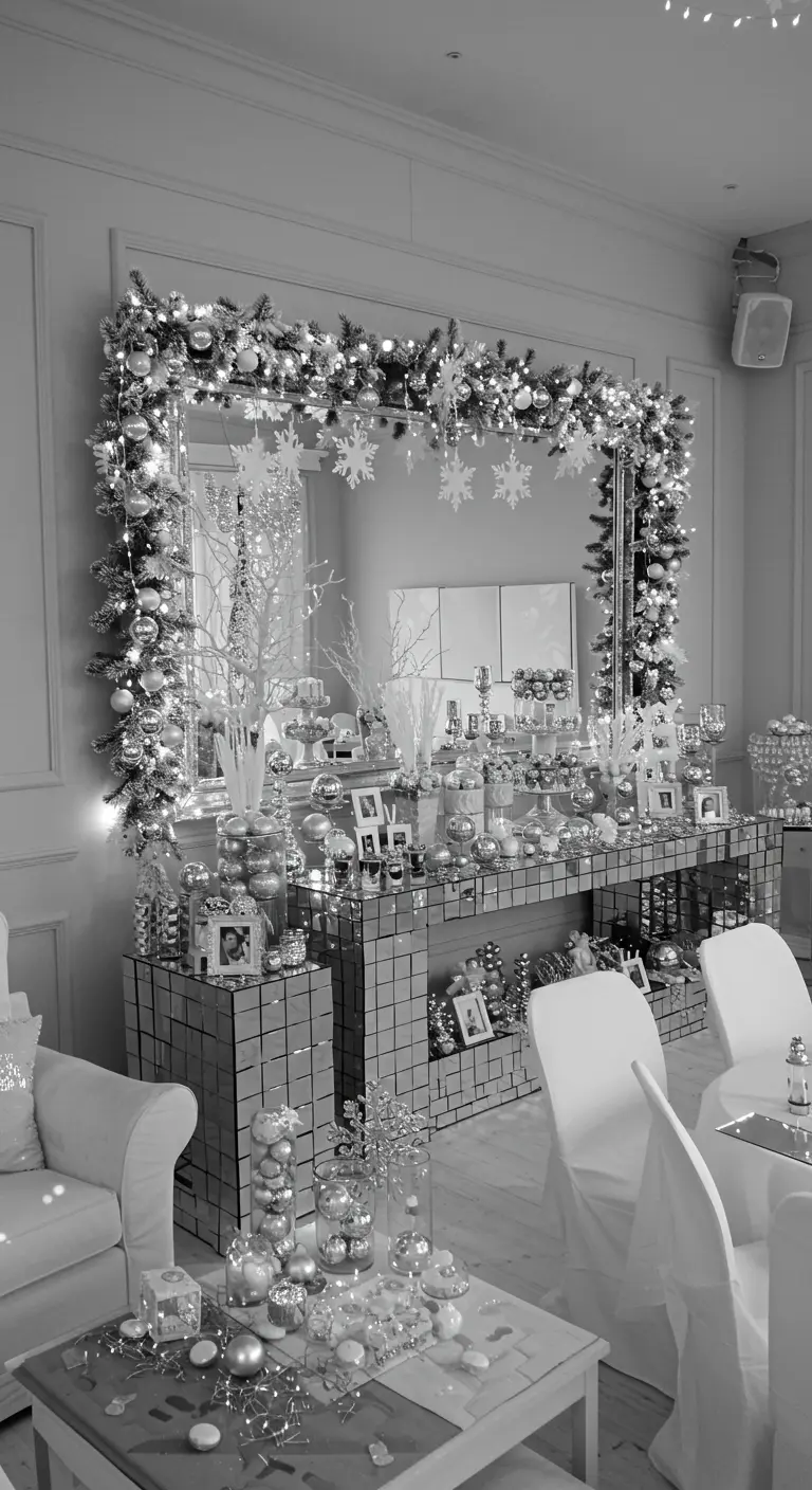 Grand miroir encadré d'une guirlande de Noël argentée et lumineuse.