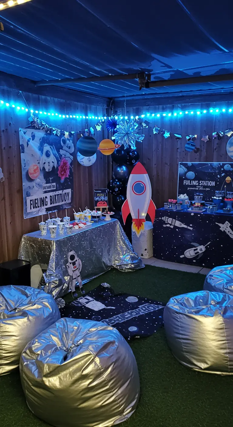 Fête d'anniversaire sur le thème de l'espace avec des poufs argentés et un éclairage bleu.