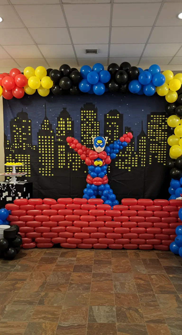 Un super-héros en ballons devant un mur de briques rouges et une skyline de ville.