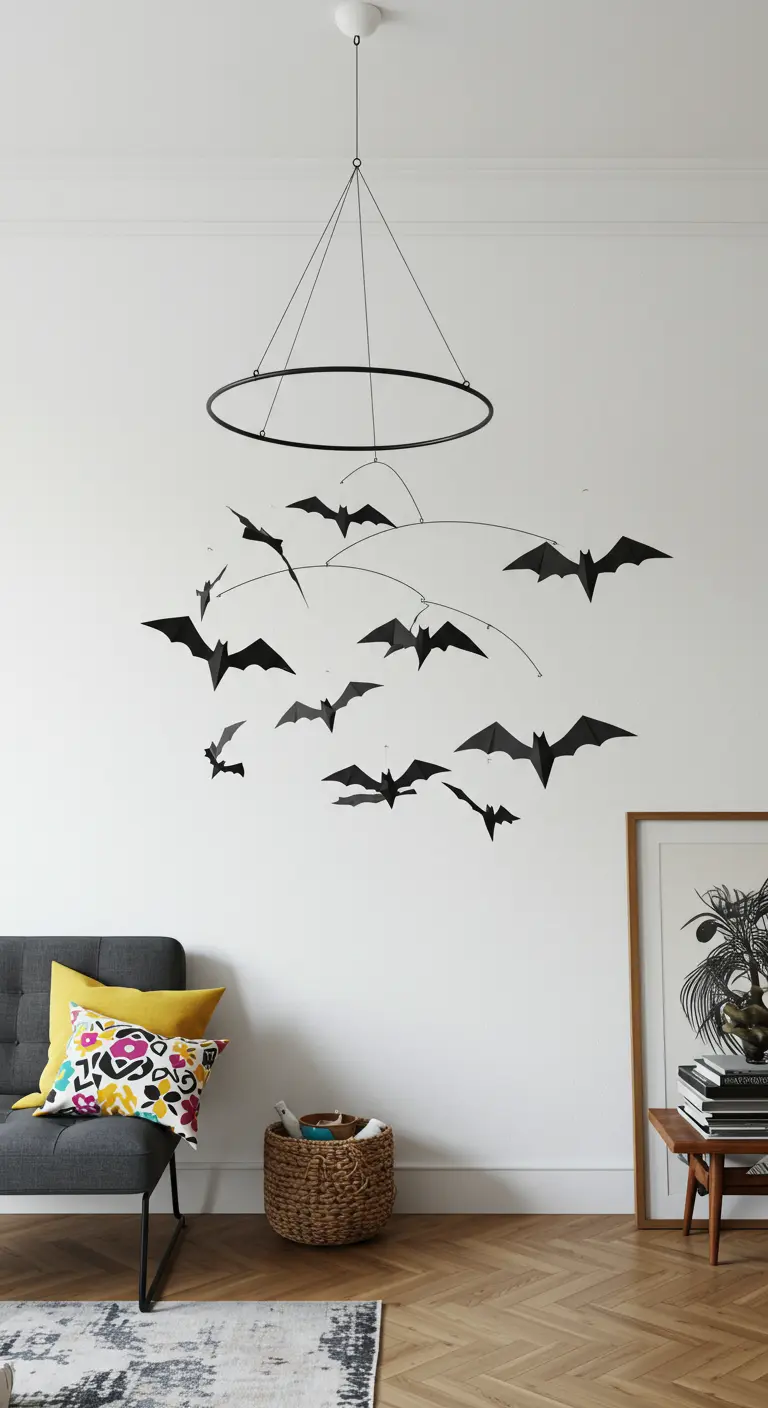 Un mobile noir suspendu avec des silhouettes de chauves-souris qui flottent au-dessus d'un canapé gris.