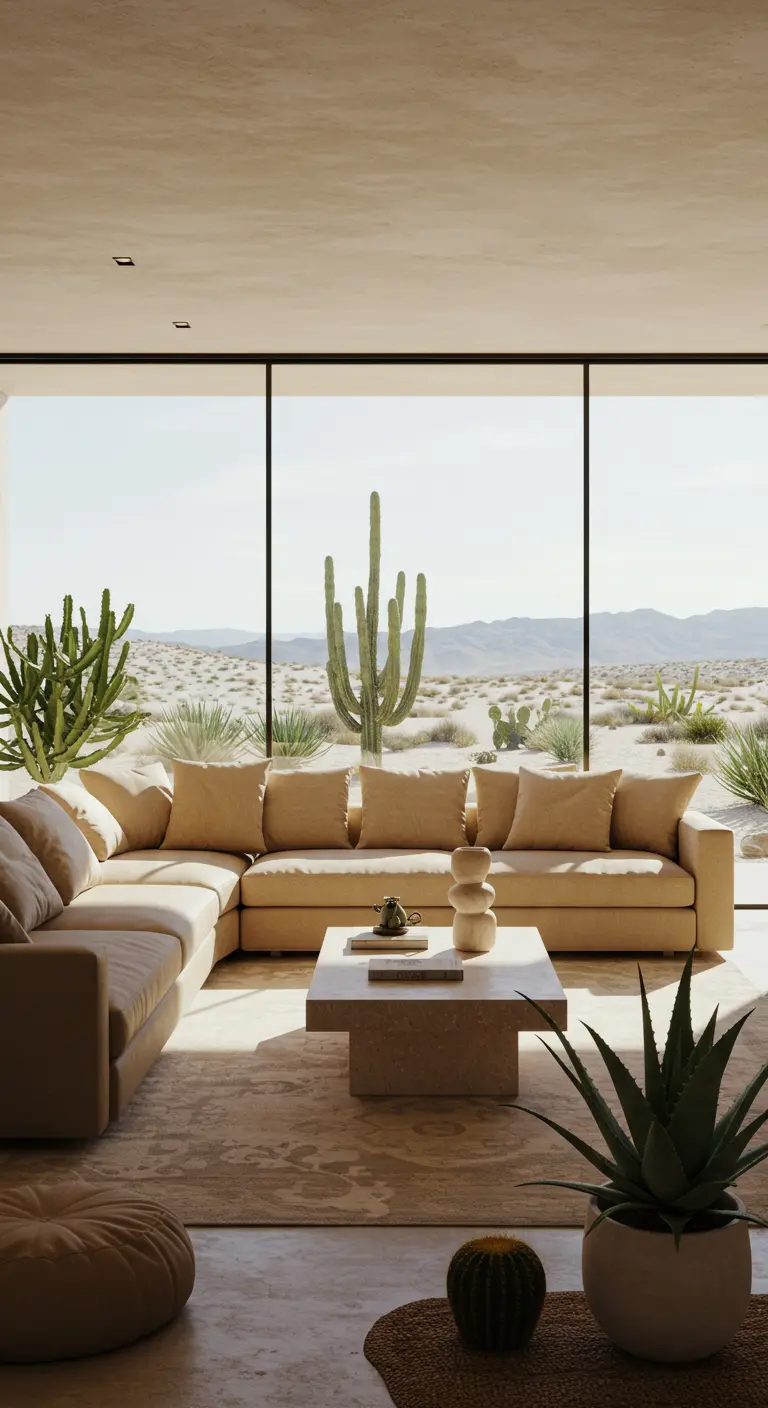 Salon moderne avec baie vitrée donnant sur un paysage désertique et des cactus.