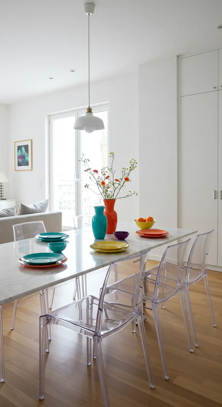 Table en marbre avec chaises transparentes et vaisselle colorée dans un intérieur lumineux.