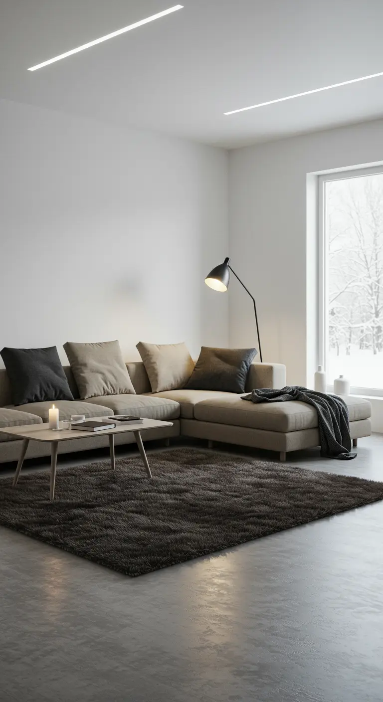 Salon moderne minimaliste avec tapis foncé, canapé beige, éclairage linéaire au plafond et lampadaire.