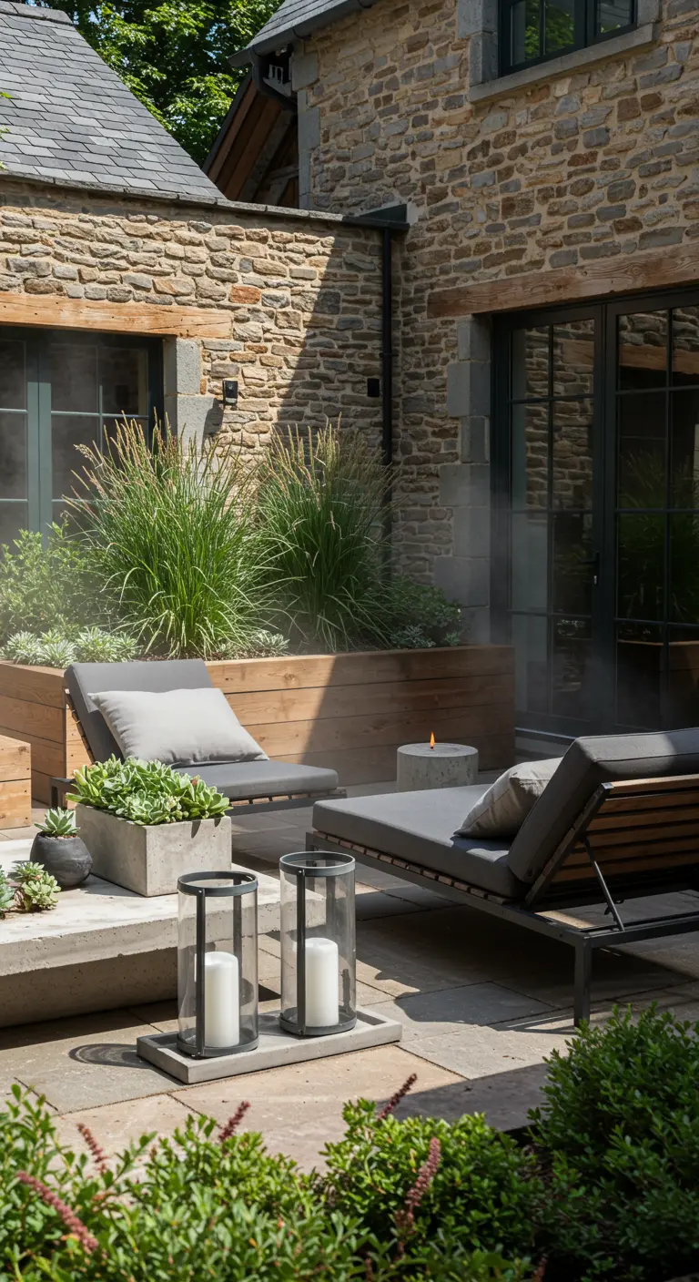 Patio moderne avec jardinières en bois, graminées, chaises longues grises et éléments en béton.