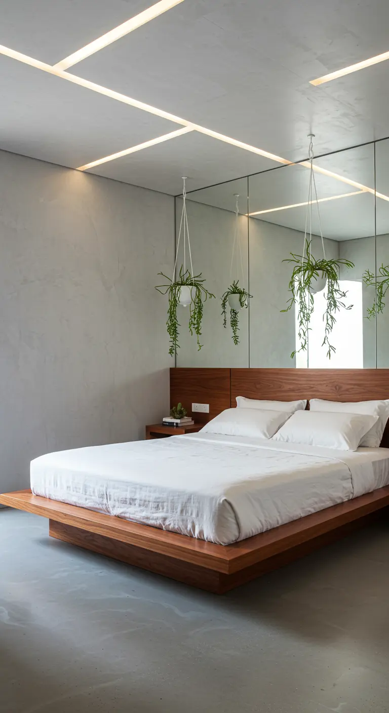 Chambre moderne avec lit plateforme, mur de miroirs, éclairage linéaire au plafond et deux plantes suspendues.