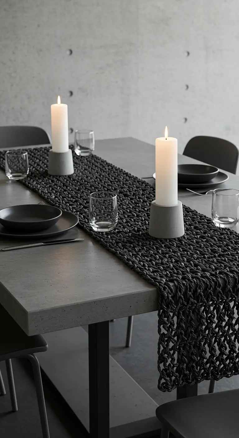 Chemin de table en maille noire ajourée, bougeoirs en béton et bougies blanches sur table en béton