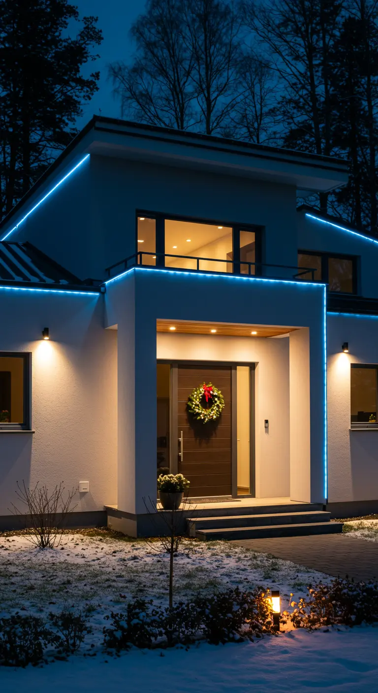Façade moderne avec des rubans LED bleus soulignant les lignes du toit et du balcon.