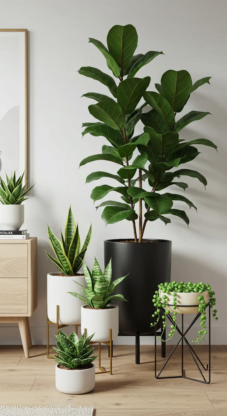 Ficus lyrata, Sansevieria, succulentes en pots blancs/noirs avec pieds dorés.