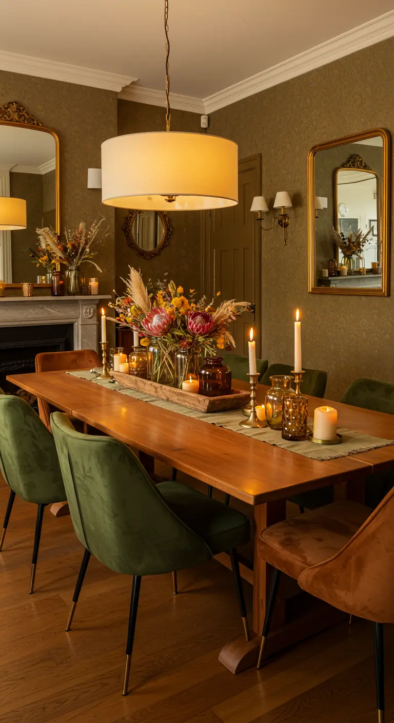 Long plateau en bois garni de fleurs séchées, pampas et bougies dans des vases ambrés sur table de salle à manger.