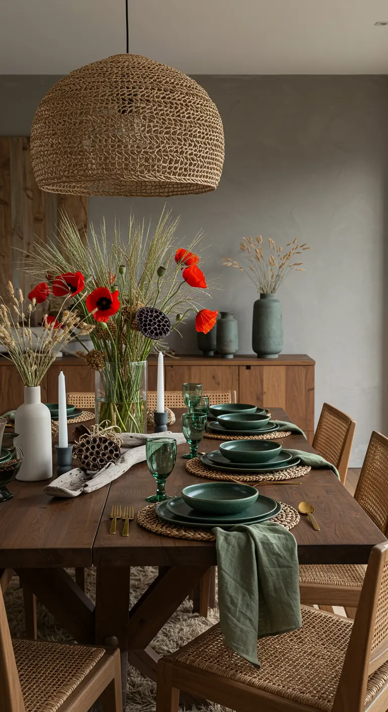 Table en bois avec chemin de table en jute, fleurs de pavot rouges et épis de blé.