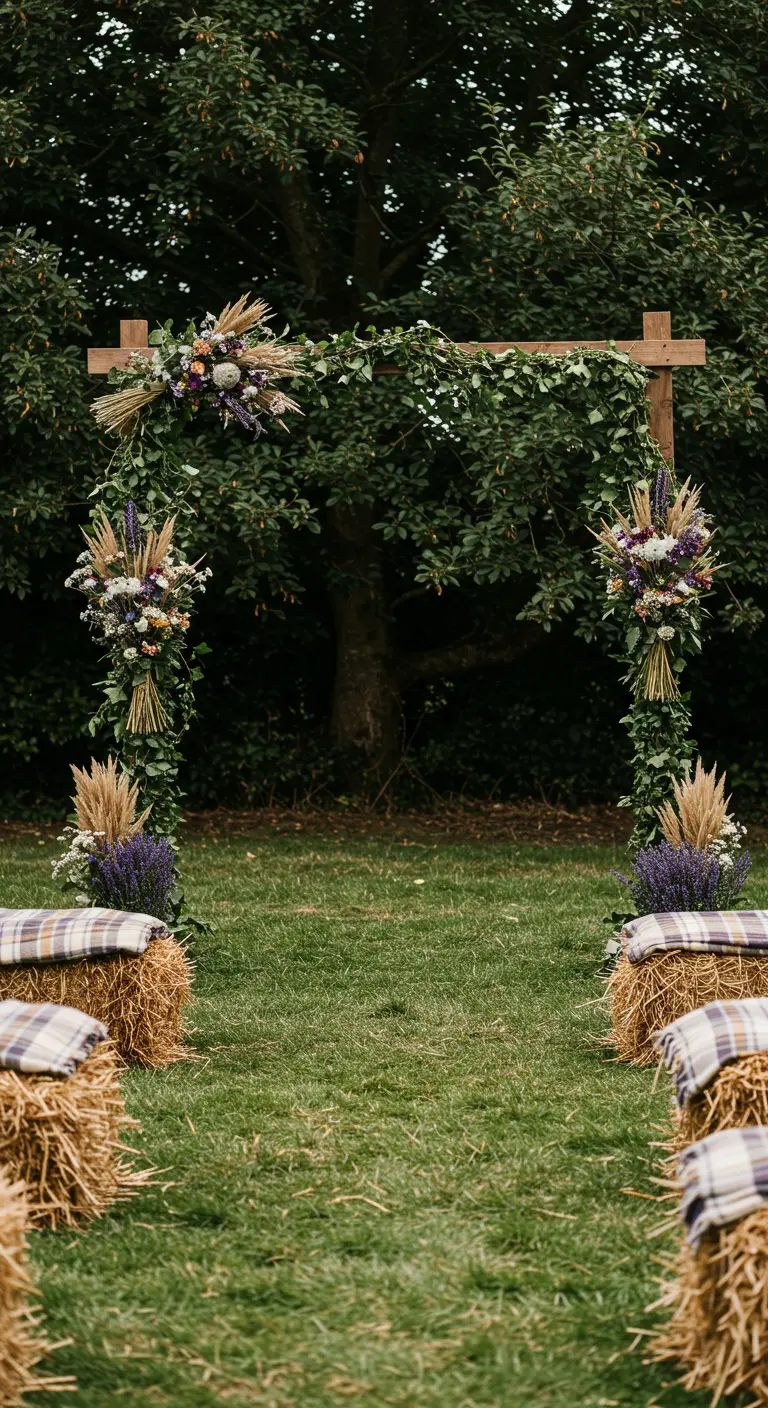 Arche de mariage champêtre en bois avec des gerbes de blé et de la lavande.