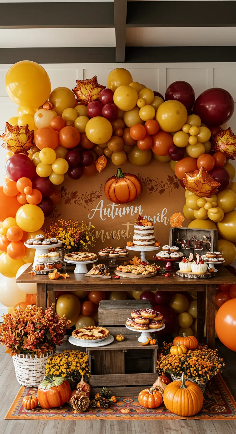 Arche de ballons d'automne avec citrouilles et feuilles d'érable.