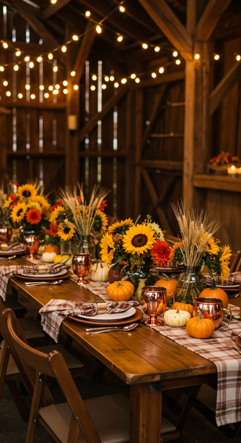 Table d'automne rustique avec tournesols, citrouilles et guirlandes.