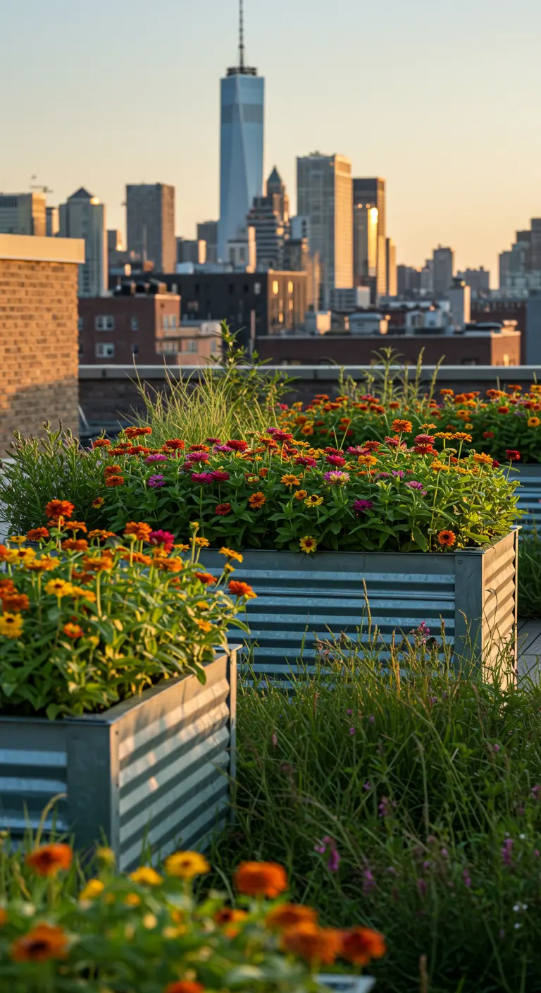Bacs en zinc galvanisé remplis de zinnias colorés sur un toit-terrasse en ville.