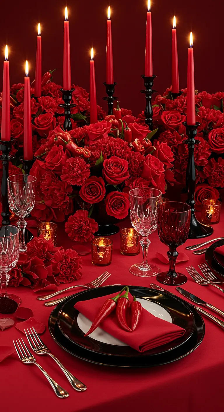Table de dîner entièrement rouge, avec des roses, des bougies et des bougeoirs noirs.