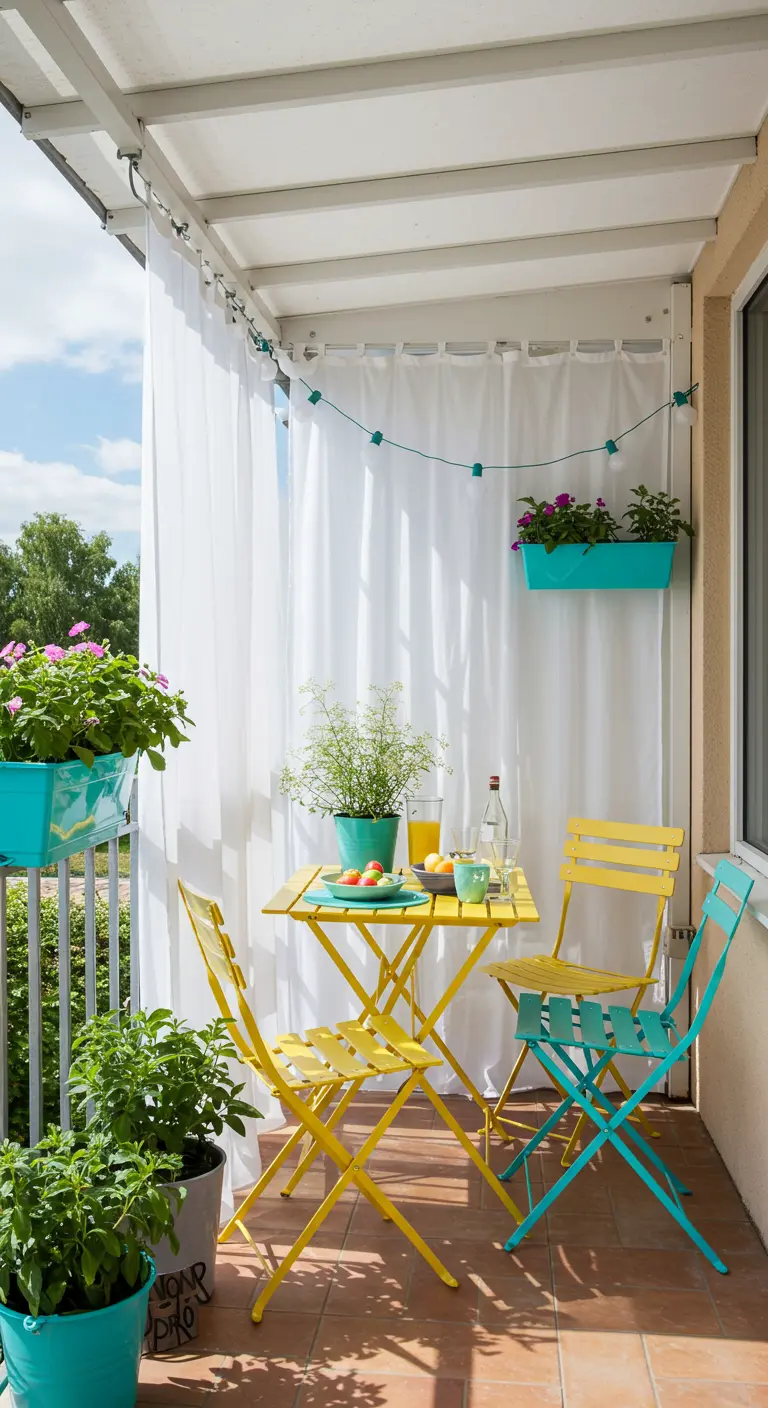 Petit balcon coloré avec un rideau blanc créant de l'intimité