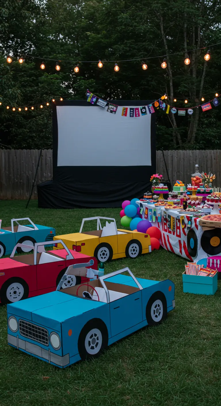 Cinéma en plein air pour enfants avec des voitures en carton colorées.