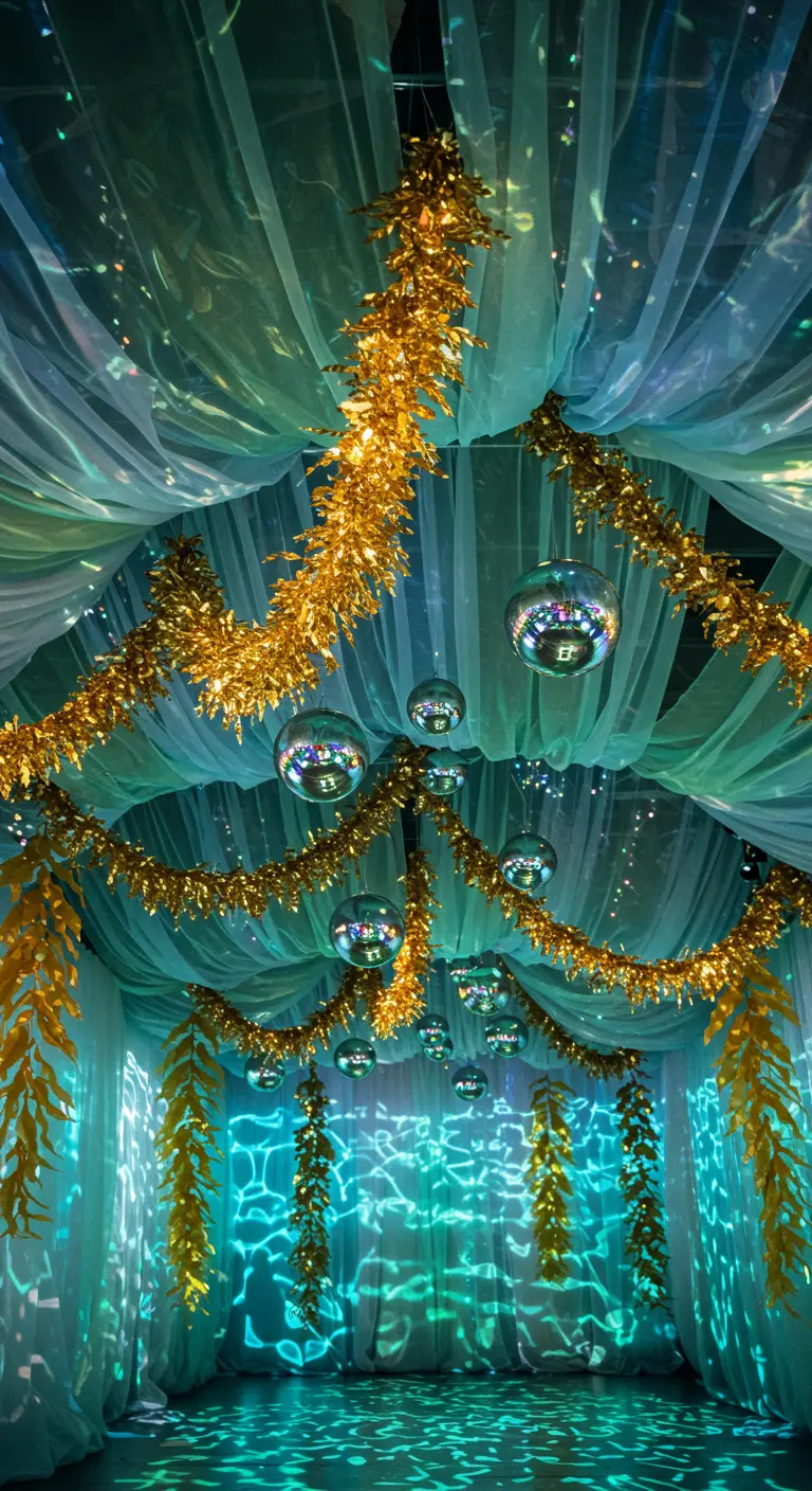 Salle de réception décorée sur le thème aquatique avec des voilages bleus, des guirlandes dorées et des boules miroir.