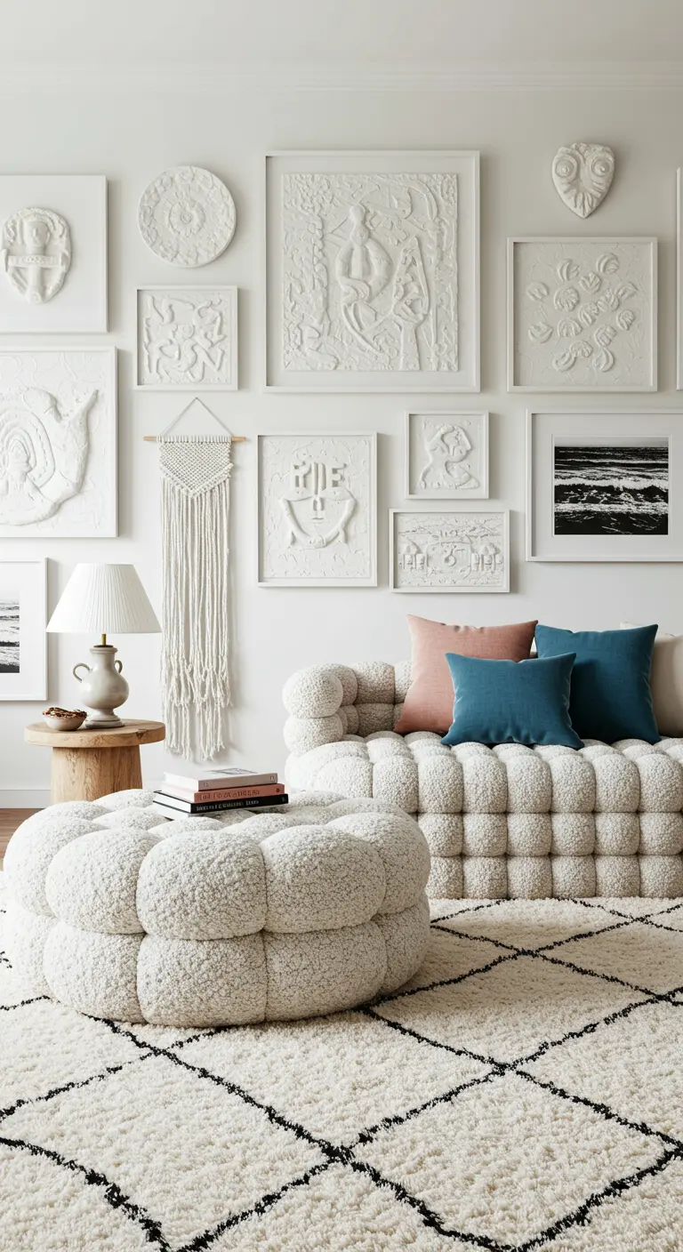 Salon monochrome blanc avec un canapé en bouclé et un mur de bas-reliefs en plâtre.
