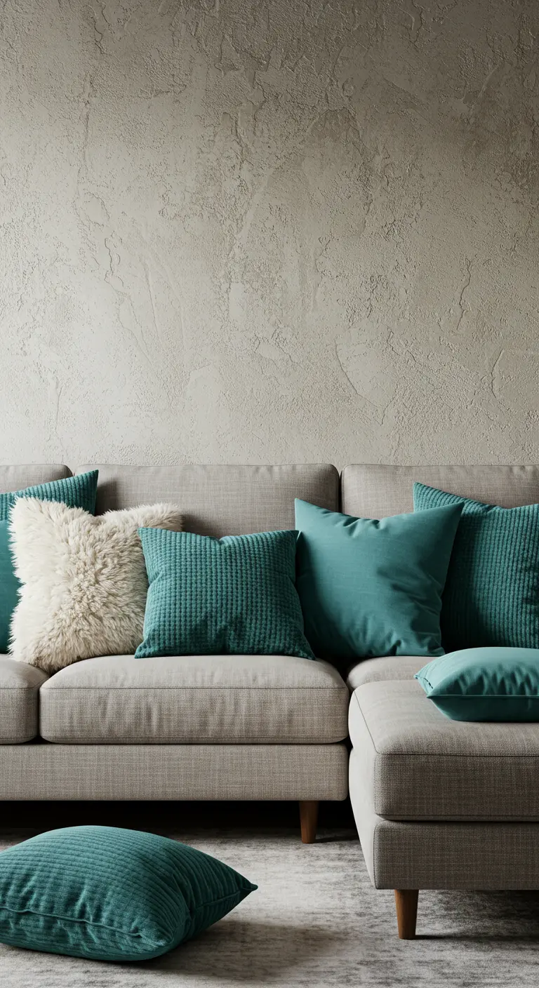 Canapé gris avec des coussins sarcelle de diverses textures et un coussin en fourrure.