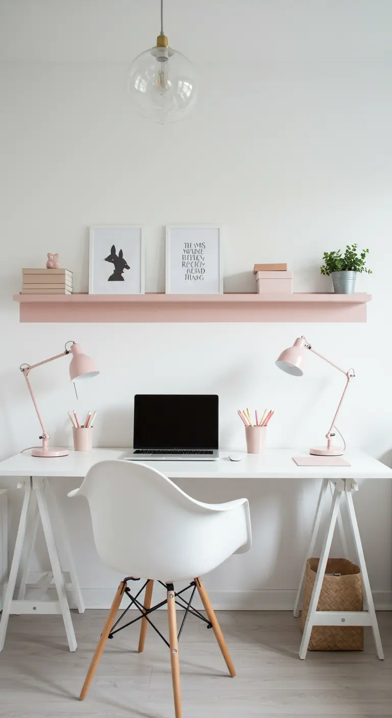 Bureau blanc avec une étagère et des lampes de bureau roses pour un look monochrome pastel