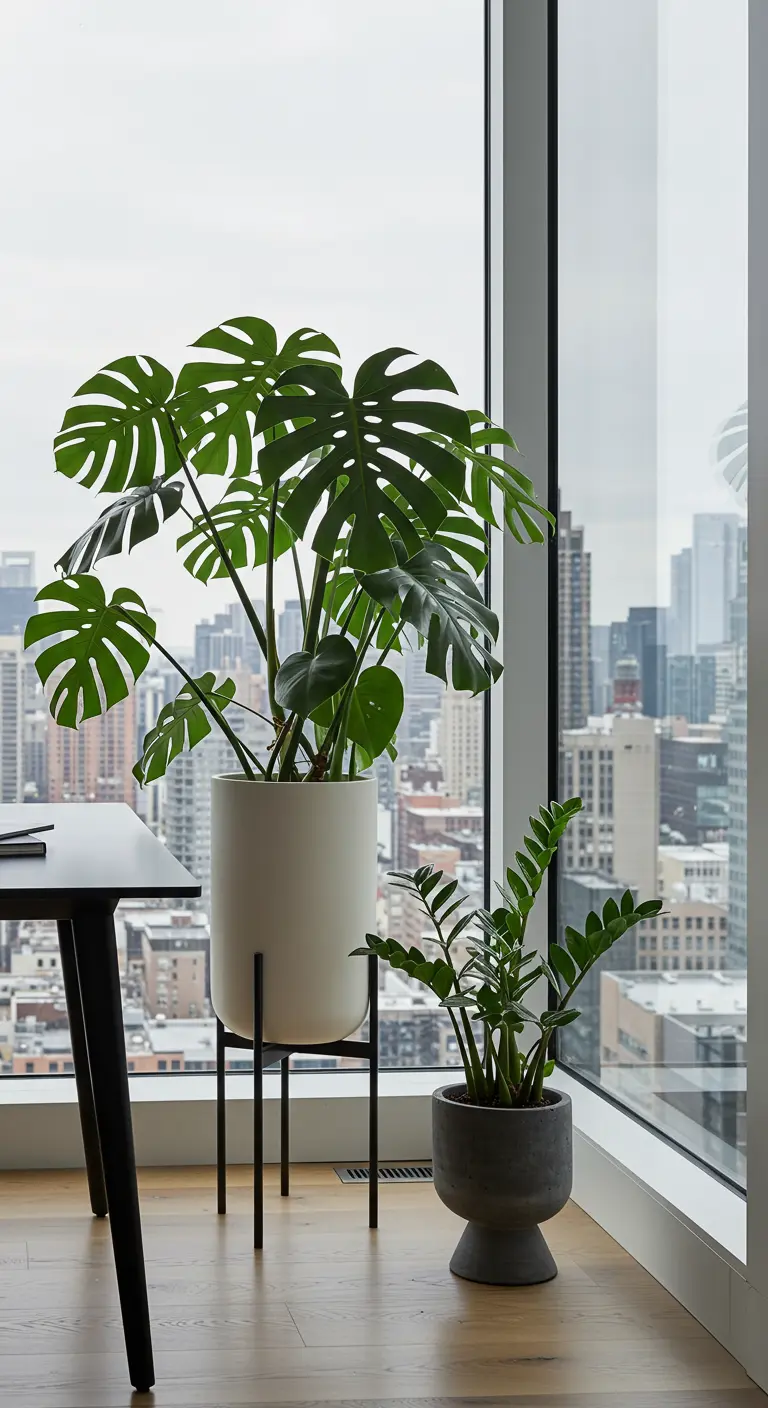 Grande Monstera Deliciosa en pot blanc sur pied et petite ZZ plant près d'une fenêtre urbaine.